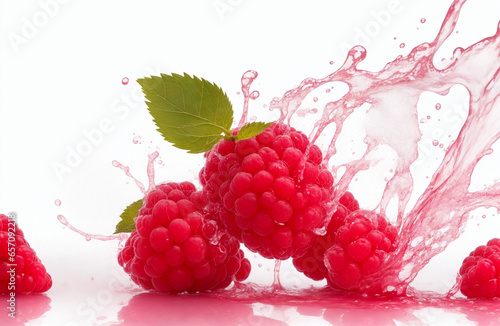Raspberries in juice splash isolated on a white and transparent background