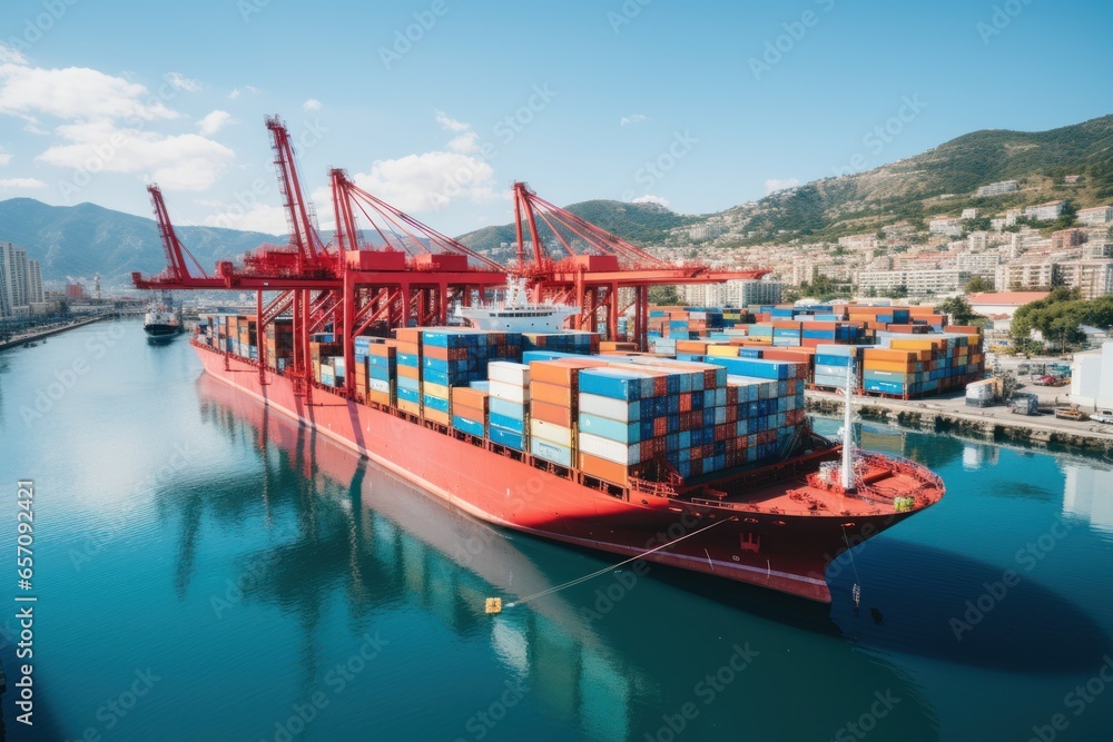 Container cargo freight ship with crane. Generative AI