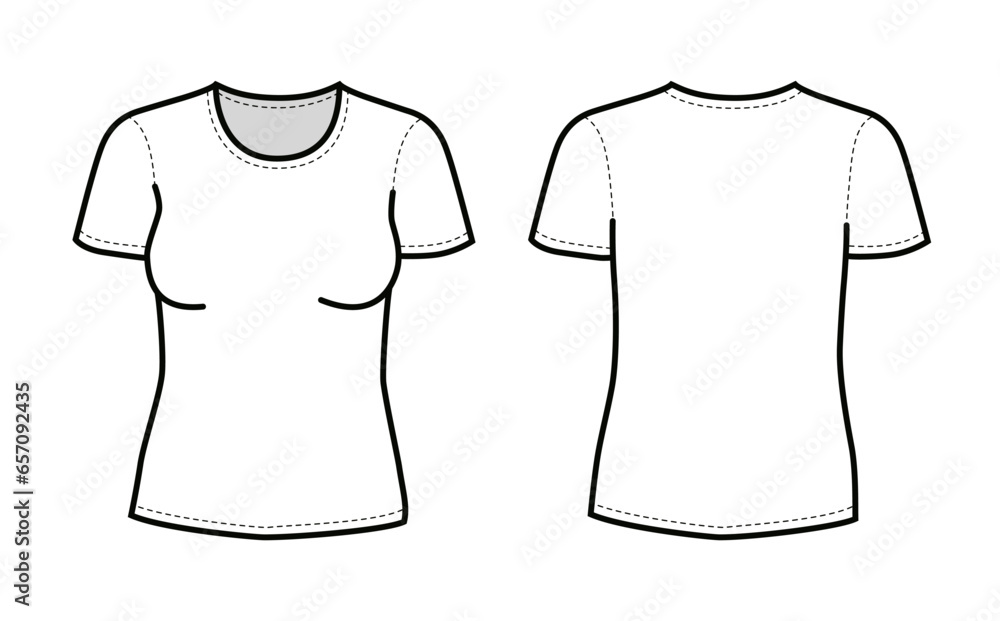 Woman female white T-shirt vector template (front and back) mockup isolated on white background. Woman female white T-shirt vector template (front and back) mockup isolated on white background.
