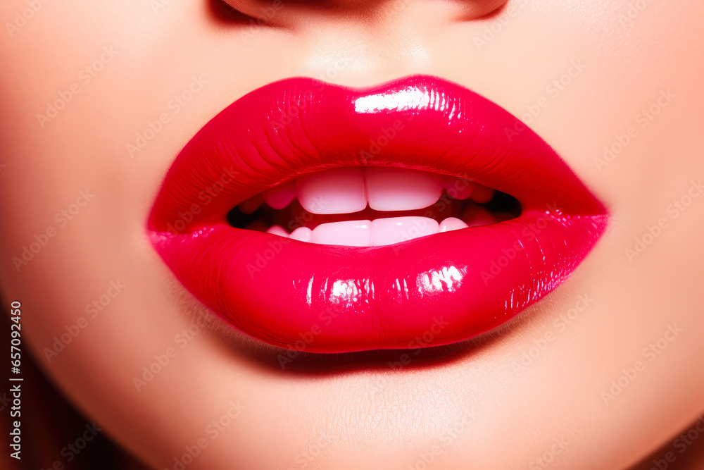 Fototapeta premium Passionate red lips close up. Beautiful perfect makeup - cosmetic beauty procedures. Sexy woman red lips