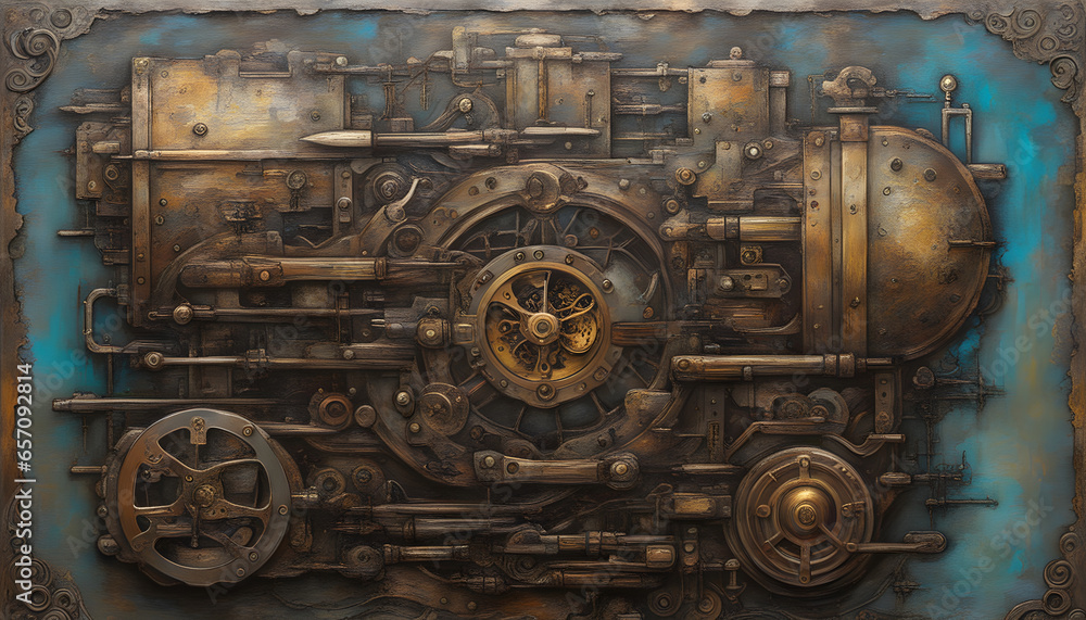 background that portrays a steampunk-inspired world, with intricate gears, cogs, and mechanical contraptions