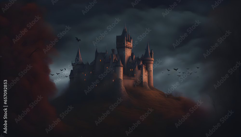 In the dead of night, the silhouette of a sinister vampire's castle looms atop a forlorn hill, as a swarm of bats sweeps through the eerie, moon-drenched atmosphere., spooky halloween castle.