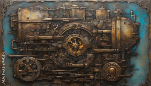 background that portrays a steampunk-inspired world, with intricate gears, cogs, and mechanical contraptions