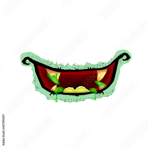 Vector cartoon funny zombie monster open mouth with drooling green slime isolated on white background. Vector Halloween greeting card with funny monster mouth. Cartoon vampire and zombie fangs