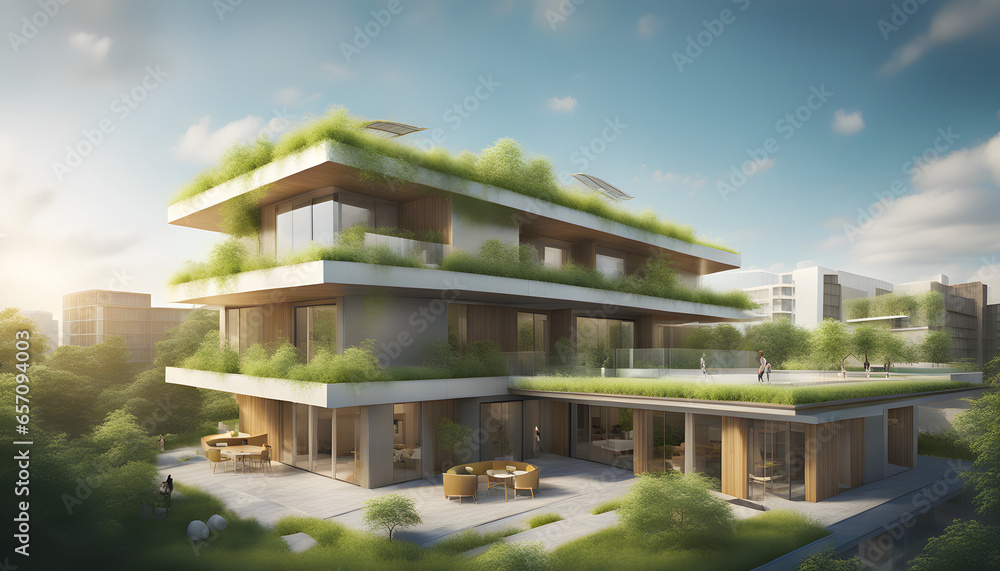 Eco-savvy consumers and environmentally conscious developers are fueling the demand for energy-efficient buildings featuring green roofs, solar panels, and sustainable construction materials - obrazy, fototapety, plakaty 