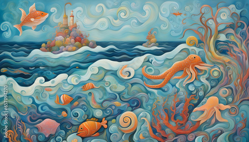 Underwater background with fishes. whimsical and imaginative ocean scene with wavy, playful patterns that incorporate imaginative sea creatures. photo