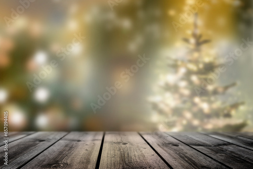 Unscharfer Hintergrund mit Bokeh-effekt und Holztisch im Vordergrund