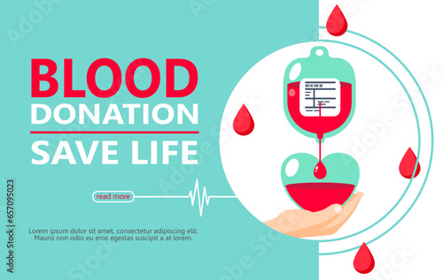 blood bag donated with heart hold by hand, blood donor for poster, banner, card, and background. Vector illustration flat design for World blood donation day.