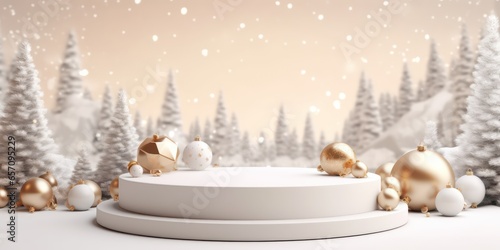 Christmas podium with blurry shiny lights for branding and packaging presentation. Product display with gift boxes, christmas tree, gold white balls, snow. Christmas showcase. Cosmetic and fashion.