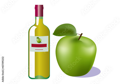 Sidra, botella con etiqueta y manzana verde