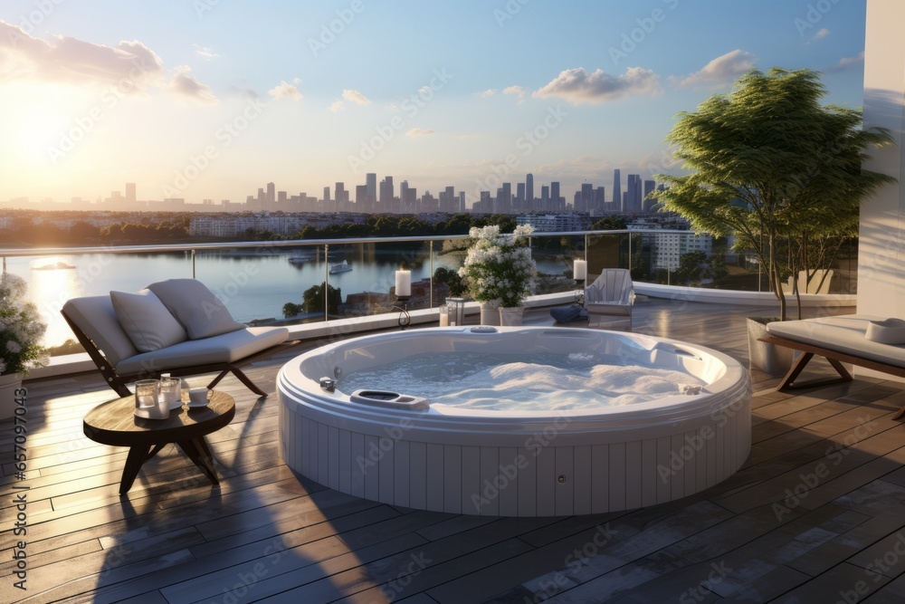3D rendering of a modern penthouse rooftop terrace with a hot tub, Generative AI
