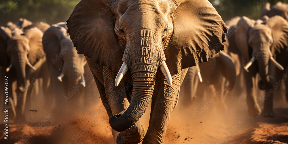 Fototapeta premium A herd of wild white elephants is passing through East Africa,
