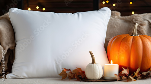 blank white pillow with autumn home decor, pumpkin, candle, pillow mock up