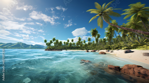 Beach With Palm Trees And Rocks