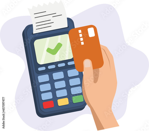Contactless cashless payment with credit card. Hand paying approval success with POS terminals and NFC technology. vector illustration isolated on white background photo