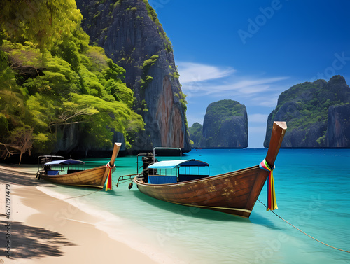 Boats On A Beach With A Couple Boats With Phi Phi Islands In The Background © netsign