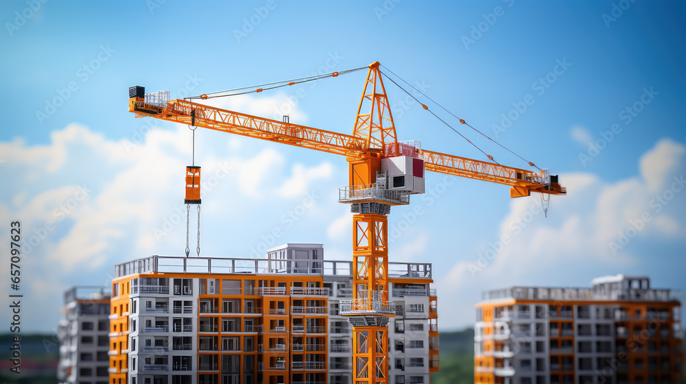 Construction crane on the background of houses in the city. Construction site of a new residential complex concept. Sunny day. Construction crane on the background of houses in the city. Construction site of a new residential complex concept. Sunny day.