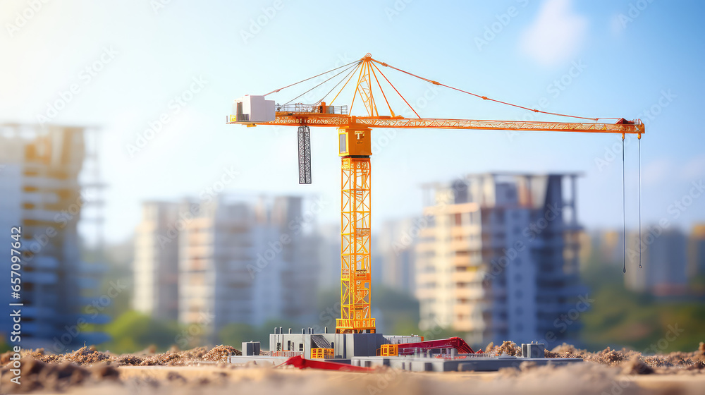 Toy Construction crane on the background of houses in the city. Construction site of a new residential complex concept. Sunny day. 