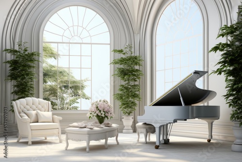 3D rendering of a serene music room with a grand piano PNG Cutout, Generative AI photo