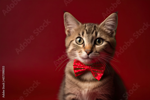 Cat celebrating Christmas, wearing a red glitter bow tie, red background