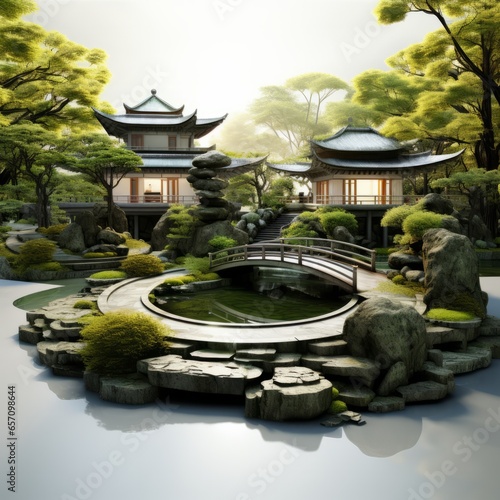 3D rendering of a spa with a Japanese zen garden, Generative AI