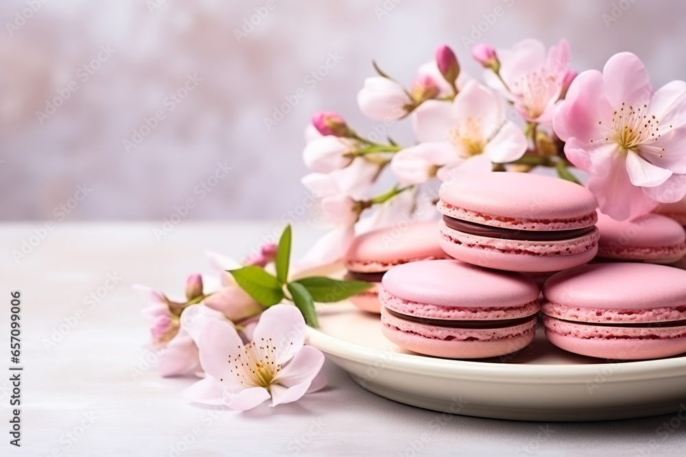 macaroons on a plate with flowers