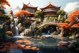 3D rendering of a spa with a tranquil koi pond, Generative AI