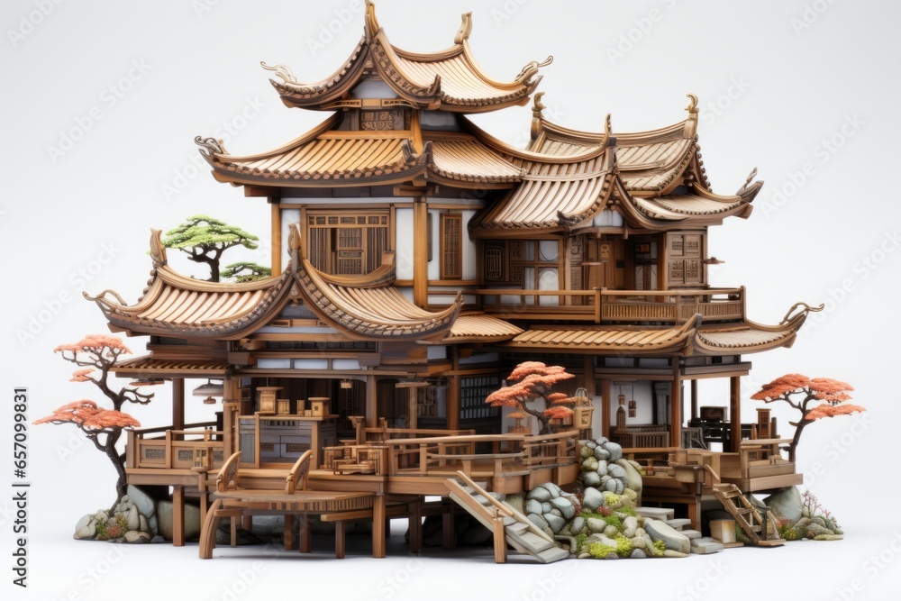 3D rendering of a traditional Chinese tea house with wooden lattice windows PNG Cutout, Generative AI 3D rendering of a traditional Chinese tea house with wooden lattice windows PNG Cutout, Generative AI