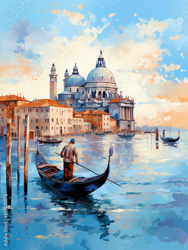 Leinwand Poster Painting Of A Gondola In A Body Of Water With A Building In The Background