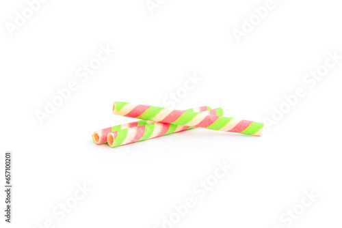 Colorful striped wafer stick rolls isolated on white background, Wafer stick rolls