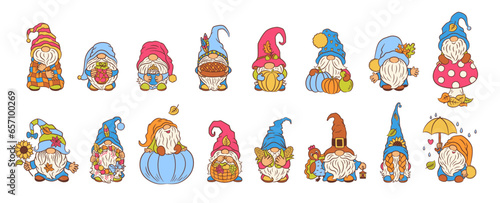 Fall gnomes cute character set. Autumn gnome vector many characters. Cottagecore blue pumpkin harvest theme. Scandinavian elf funny dwarf. Cute design for thanksgiving print, mascot, toy, etc.