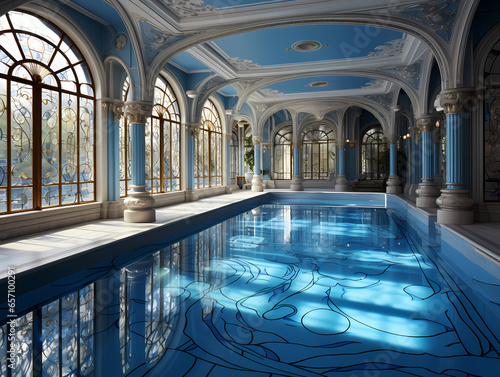 Indoor Pool With A Large Ceiling And Windows With Hearst Castle In The Background