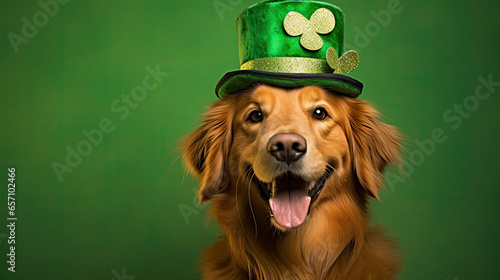 Dog wearing green hat for St. Patrick's Day