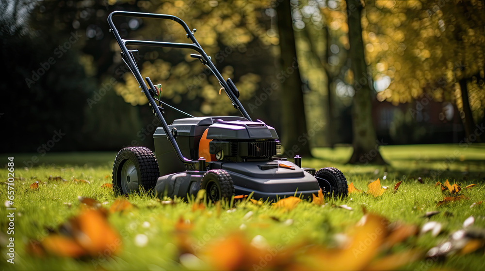 a lawn mower in the garden on the green lawn a lawn mower in the garden on the green lawn