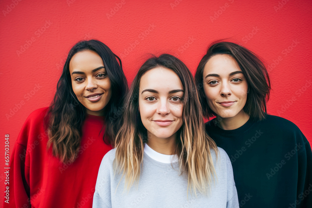 Three young women posing in front of a red wall. Three young women posing in front of a red wall.