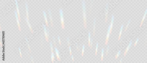Rainbow Prism Light Effect. Crystal Flare Leak Shadow Overlay on transparent Backdrop. Optical rainbow lights, glare, leak, streak overlay. Vector colorful vector lenses and light flares.
