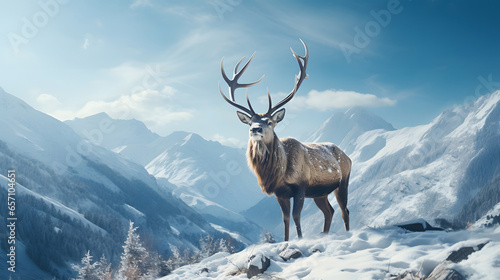 Deer stag in mountain peaks. Winter landscape
