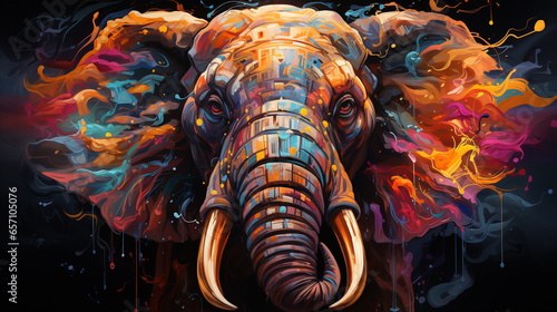 Colorful psychedelic neon painting of melting wild animals,black background generative ai