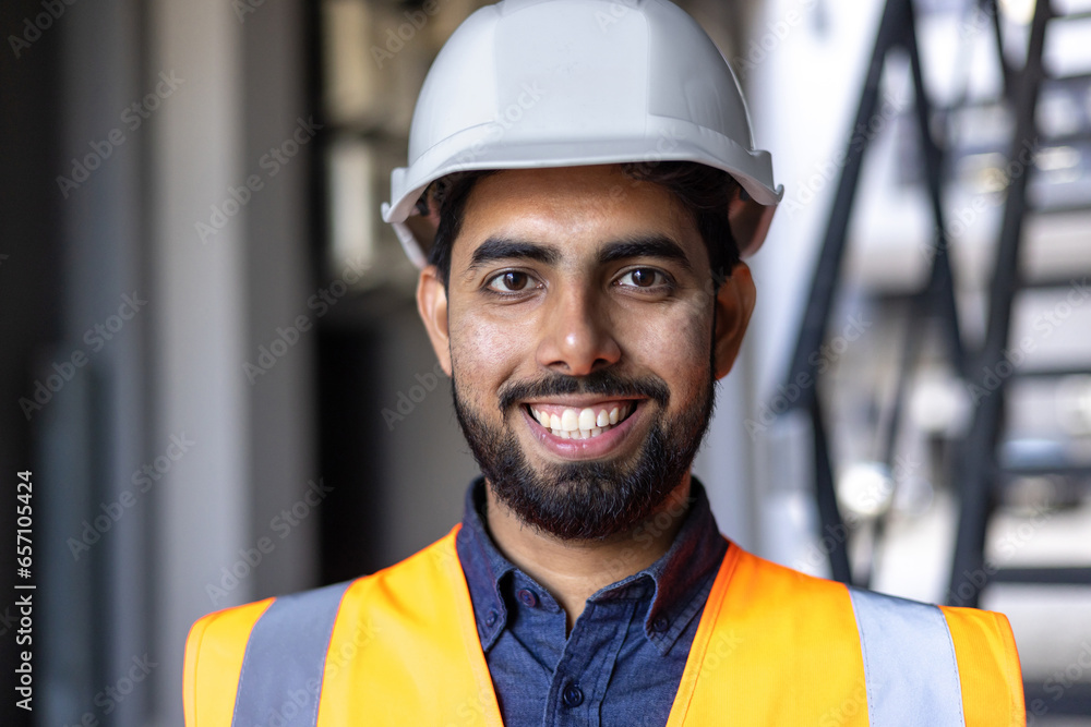 Close-up portrait of young engineer in hard hat and vest, man smiling and looking at camera, worker in factory plant, and logistics warehouse. Close-up portrait of young engineer in hard hat and vest, man smiling and looking at camera, worker in factory plant, and logistics warehouse.