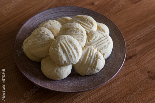 Homemade corn flour gluten-free cookies on ceramic plate, selective focus