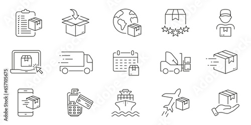Cargo Fast Delivery Line Icon Set. Distribution and Logistic Linear Pictogram. Parcel Package Express Transportation Outline Symbol. Online Shopping. Editable Stroke. Isolated Vector Illustration