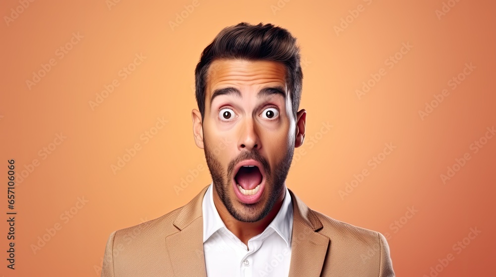 Shocked young man with wide open mouth looking at camera on orange background, ai generative
