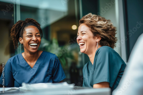 Multicultural women nurses in blue scrubs laughing at team meeting.