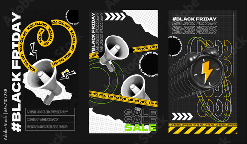 Black Friday Graphic Templates for Sale in Social Media Story. Vector banners with halftone and cyber elements. Megaphone and Alarm clock with discount promotion. Trendy magazine collage style