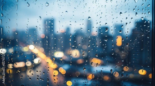Raindrops on window with blurred cityscape in background
