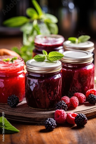 Assorted berry jams and spreads in mini mason jars.