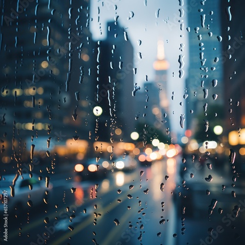 Raindrops on window with blurred cityscape in background