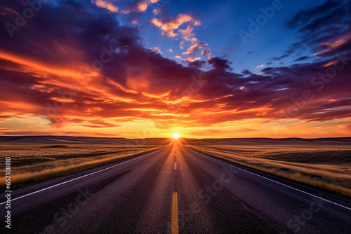 Road to nowhere. Empty straight asphalt motorway in flat landscape, disappearing into the horizon. Sunset and illuminated clouds. Concept of new beginning, brighter future. AI generative photography.