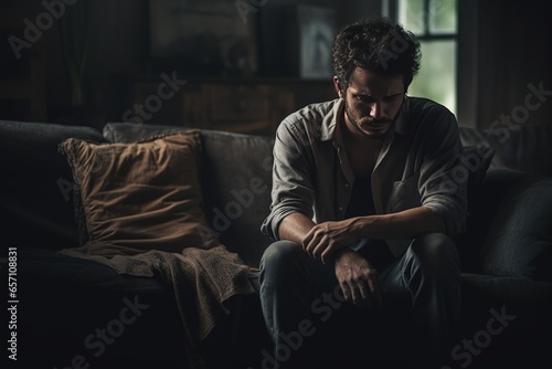 Depressed man sadly sitting on the sofa in living room. Sad asian man suffering depression insomnia awake and sit alone on the couch in dark room. Depression health people concept. Generative by AI.