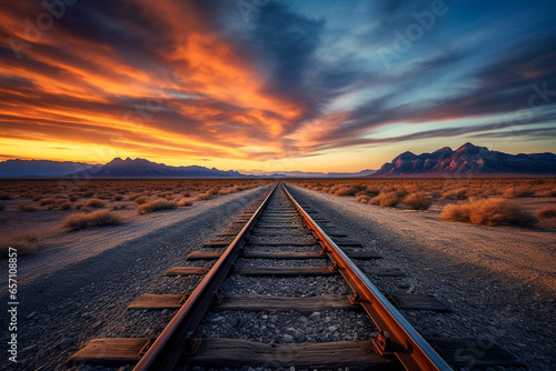 Railway to nowhere. Straight rails in desert landscape, disappearing into the horizon. Sunset and illuminated clouds. Concept of new beginning, brighter future. AI generative photography.